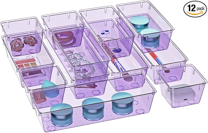 WOWBOX 12 Pack Clear Drawer Organizer Set, Acrylic Drawer Storage Trays, Storage Bins for Makeup, Cosmetics, Jewelries, Utensils, Gadgets, Office, Purple by WOWBOX