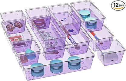 WOWBOX 12 Pack Clear Drawer Organizer Set, Acrylic Drawer Storage Trays, Storage Bins for Makeup, Cosmetics, Jewelries, Utensils, Gadgets, Office, Purple by WOWBOX