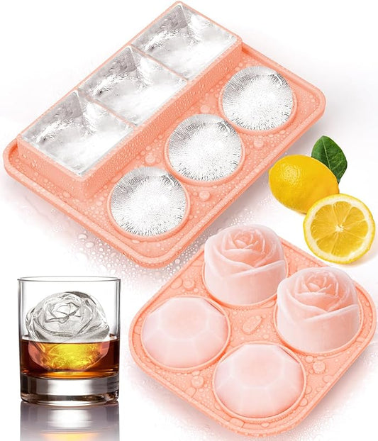 Ice Cube Tray with Lid, Silicone Ice Molds with Round, Square, Diamond, Rose, Large Ice Cube Mold for Whiskey, Bourbon, Cocktails, Easy Release BPA Free, Set of 2