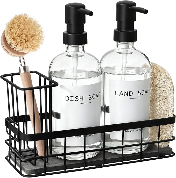 Dish Soap Dispenser for Kitchen, 16.9 fl oz Clear Hand and Dish Soap Dispensers, Kitchen Soap Dispenser Set with Sponge Holder, Brush Holder and Loofah Sponge, Countertop Sink Organizer Accessories by RYTOXILOBrightenUpYourHome