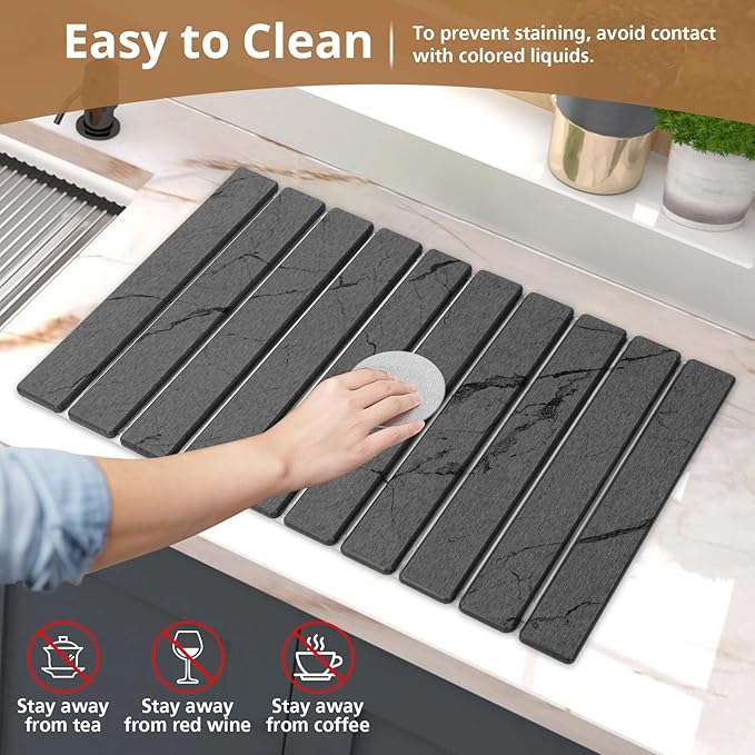 2 PCS Large Stone Dish Drying Mat for Kitchen Counter, Marbled Quick Dry Stone Dish Mats, Diatomaceous Earth Drying Pad, Foldable and Super Absorbent Dish Drying Stone Mat (Dark Gray 24"×16" & 8"×4") - Image 6