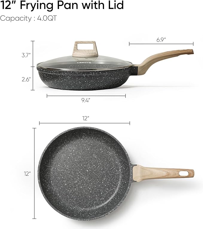 CAROTE Non Stick Frying Pan Skillet,12" Nonstick Fry Pan with Glass Lid, Egg Pan Omelet Pans, Granite Cookware Chef's Pan, PFOA Free (Classic Granite, 12-Inch) - Image 2