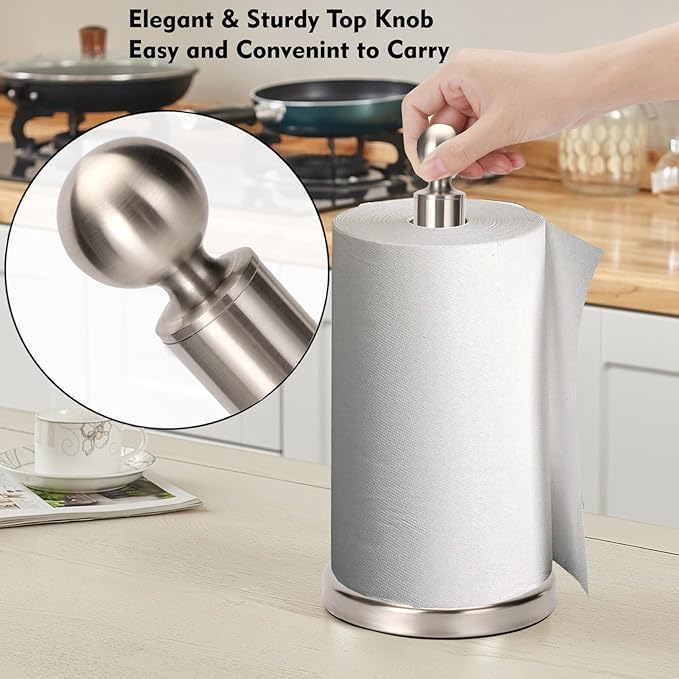 Kalitro Paper Towel Holder Countertop, Standing Paper Towel Roll Holder for Kitchen Bathroom, with Weighted Base for One-Handed Operation (Stainless Steel Base, Brushed Nickel) - Image 3