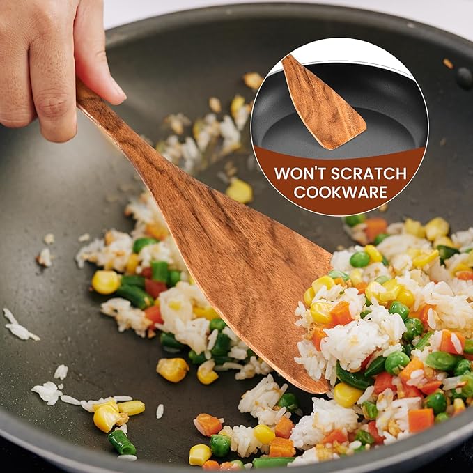 6x Large Wooden Spoons for Cooking Kitchen Utensil Set Smooth Finish Wooden Cooking Utensils Spoons Filter Spoon and Salad Fork Accessories+1x Kitchen Hooks for Hanging Utensils Rack