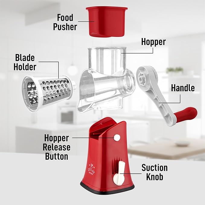 Zulay Kitchen Rotary Cheese Grater 5 Blade Cheese Shredder - Manual Hand Crank Cheese Grater With Reinforced Suction & 5 Interchangeable Drums - Easy to Use, Vegetable Chopper Round Mandoline Slicer - Image 8