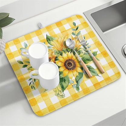 Spring Summer Dish Drying Mat 16x18 Inch Absorbent Reversible Sunflower Drying Mat Summer Sunflower Dish Drying Rack Mat Yellow Summer Themed Dish Drainer Mat for Kitchen Counter Coffee Bar