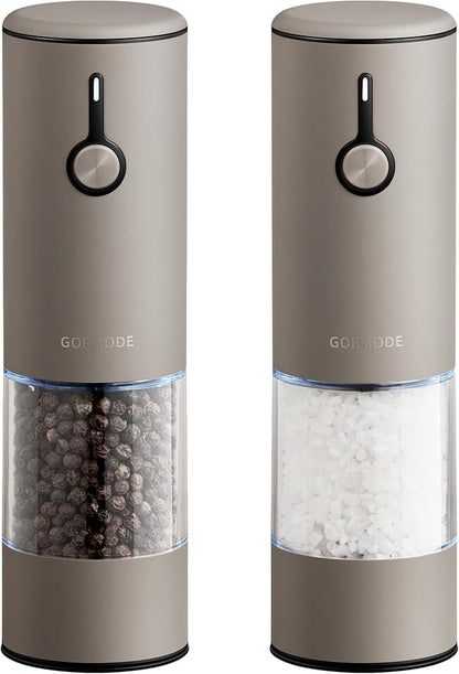Stainless Steel Rechargeable Electric Salt and Pepper Grinder Set, USB Charging with Dust Cover, 6 Adjustable Grinding Modes + LED Light 2pack，Brown by GORMODEOfficial