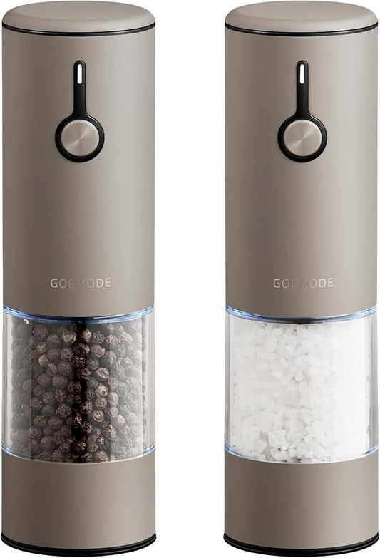 Stainless Steel Rechargeable Electric Salt and Pepper Grinder Set, USB Charging with Dust Cover, 6 Adjustable Grinding Modes + LED Light 2pack，Brown by GORMODEOfficial