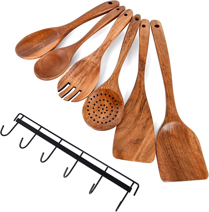 6x Large Wooden Spoons for Cooking Kitchen Utensil Set Smooth Finish Wooden Cooking Utensils Spoons Filter Spoon and Salad Fork Accessories+1x Kitchen Hooks for Hanging Utensils Rack