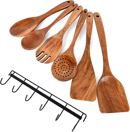 6x Large Wooden Spoons for Cooking Kitchen Utensil Set Smooth Finish Wooden Cooking Utensils Spoons Filter Spoon and Salad Fork Accessories+1x Kitchen Hooks for Hanging Utensils Rack