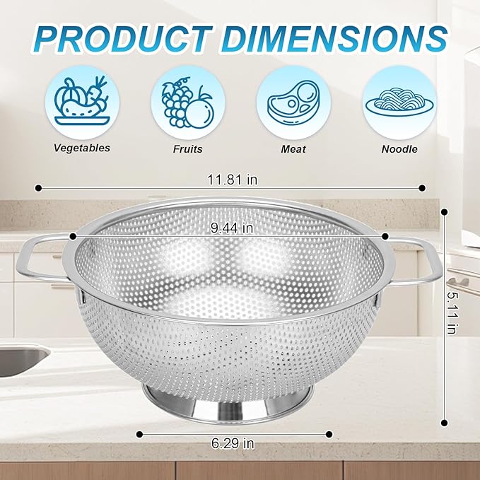 304 Stainless Steel Colander, Micro-Perforated 5-Quart Strainer with Base, Dishwasher Safe. Great for Pasta, Noodles, Vegetables & Fruits - Image 2
