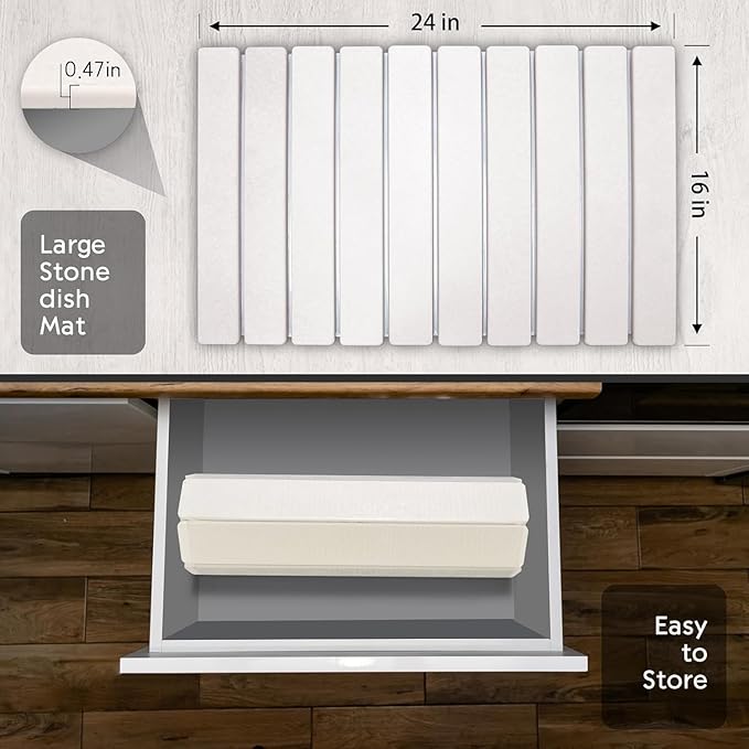 Large Stone Dish Drying Mat for Kitchen Counter, 24"(L)×16"(W), Collapsible Quick Drying Dish Mats, Ultra Absorbent Diatomaceous Earth Mats for Dishes Bottles Cups, Match Any Countertop - Image 5