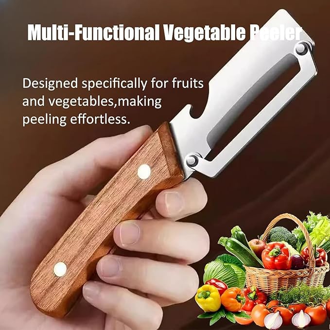 MultiFunctional Vegetable Peeler for Kitchen，Multifunctional Vegetable Peeler with Wooden Handle and Bottle Opener，2-in-1 Stainless Steel Kitchen Tool for Fruit Apple Potato Pumpkin Papaya (2) - Image 2