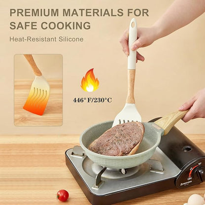 Kitchen Utensils Set - 7 PCS Non-Stick Silicone Cooking Utensils Set Spatula Set with Holder, Wooden Handle Spoon,Tongs,Whisk Kitchen Gadgets Tools Set for Nonstick Cookware (Cream White-7Max) - Image 3