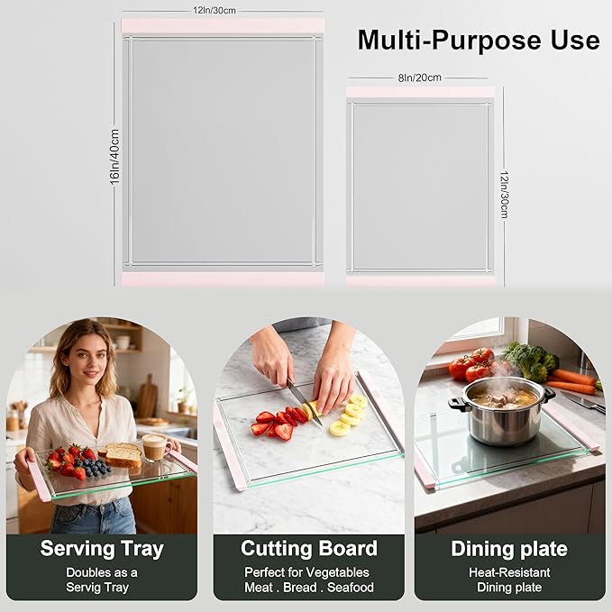 Tempered Glass Cutting Board Set for Kitchen Counter - Dishwasher Safe with Juice Grooves, Non-Slip Silicone Edges & Beveled Grip - 16"x12" & 12"x8" Serving Tray - Pink
