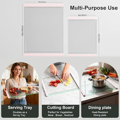 Tempered Glass Cutting Board Set for Kitchen Counter - Dishwasher Safe with Juice Grooves, Non-Slip Silicone Edges & Beveled Grip - 16"x12" & 12"x8" Serving Tray - Pink