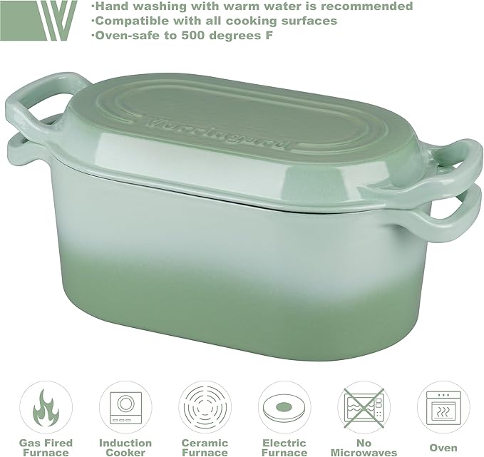 VORRINGARD Oval Dutch Oven Pot with Lid, Enamel Coating Cast Iron Bread Pans for Homemade Sourdough Bread Baking, Cooking, 4 Quart, Green