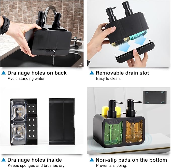 Kitchen Soap Dispenser Set, with Hand and Dish Soap, Sponge Caddy and Brush Holder 4-in-1 Kitchen Dual Soap Dispenser Set for Kitchen Sink, Bathroom - Black - Image 5