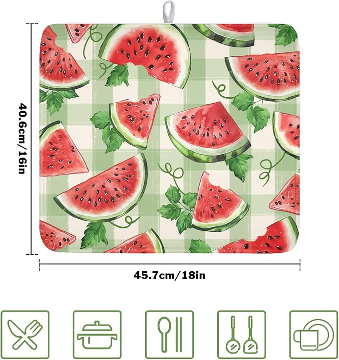 Summer Dish Drying Mat for Kitchen Counter Watercolor Watermelon Green Buffalo Plaid Microfiber Dish Drainer Mat Rustic Absorbent Washable Drying Pad 16"x18"