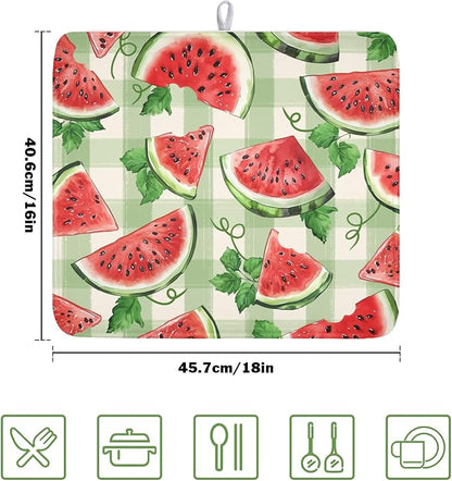 Summer Dish Drying Mat for Kitchen Counter Watercolor Watermelon Green Buffalo Plaid Microfiber Dish Drainer Mat Rustic Absorbent Washable Drying Pad 16"x18"