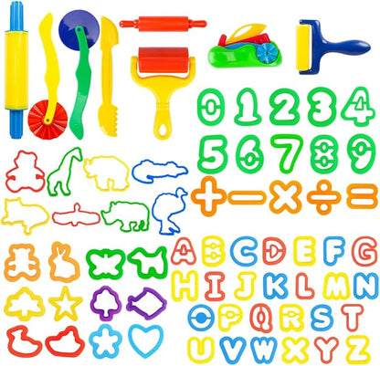 Letter Molds Tools Set for Kids 69Pcs Accessories, Rollers and Cutters, Numeral Various Plastic Animal Molds and Art Clay Tools for Creative Cutting
