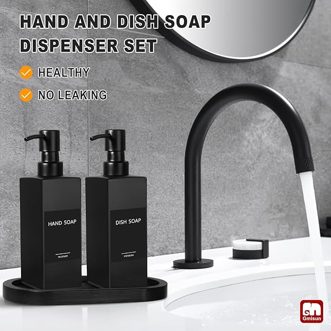 GMISUN Kitchen Soap Dispenser Set, Hand and Dish Soap Dispensers Set, Black Liquid Soap Dispenser with Tray, Refillable Dish Dispensers for Kitchen, Glass Soap Bottles with Stainless Steel Pump - Image 5