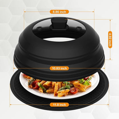 Lzerking Microwave Splatter Cover & Silicone Mat, 10.8 inch Glass Splatter Guard Lid with Collapsible Silicone for Food, Fits 6-10 inch Pot Plate Bowl, Heat Resistant, Dishwasher Safe, Kitchen, Black