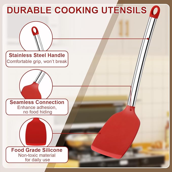Vayvnt 4 PCS Silicone Kitchen Utensils, Large Cooking Utensils Set for Nonstick Cookware, Silicone Spatula Set Includes Spoons and Turners, Kitchen Essentials for Cooking, Dishwasher Safe, Red