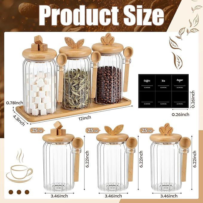 Suclain 3 Pcs Glass Coffee Container with Bamboo Color Lid & Spoon, 25 oz Airtight Glass Jar with Wooden Shelf, Food Storage Containers Coffee Jar Tea Container(Bamboo Color) - Image 2