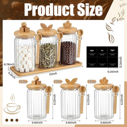 Suclain 3 Pcs Glass Coffee Container with Bamboo Color Lid & Spoon, 25 oz Airtight Glass Jar with Wooden Shelf, Food Storage Containers Coffee Jar Tea Container(Bamboo Color) - Image 2