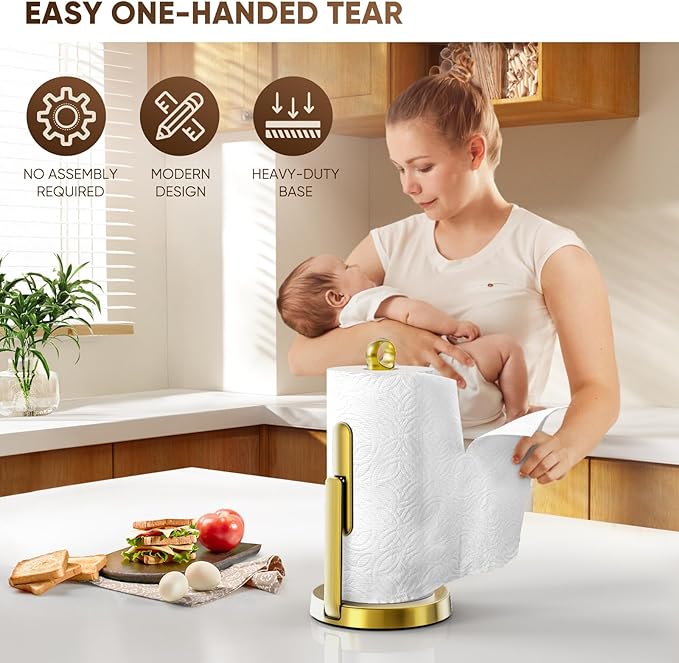 theaoo Heavy-Duty Stainless Steel Paper Towel Holder with Tension Arm – Easy One-Handed Tear, Modern Standing Countertop Dispenser for Kitchen, Holds All Paper Towel Rolls (1, Gold) - Image 4
