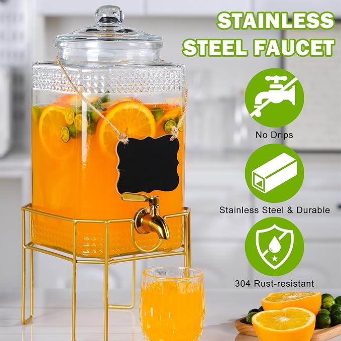 Drink Dispensers for Parties,1.5 Gallon Drink Dispenser,Beverage Dispenser with Stand,Glass Lid and Stainless Steel Spigot Leak-proof, Ideal for Lemonade,Juice, Tea, and Party Drinks - Image 3