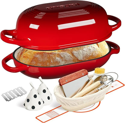 Enameled Cast Iron Sourdough Bread Oven, Dutch Oven, incl. Sourdough Bread-Baking Supplies like Banneton Bread-Proofing Basket - 5QT Loaf Cast Iron Bread Pan for Homemade Bread Baking, Red Meatloaf Pan with Lid by UmiteChef