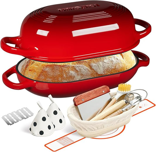 Enameled Cast Iron Sourdough Bread Oven, Dutch Oven, incl. Sourdough Bread-Baking Supplies like Banneton Bread-Proofing Basket - 5QT Loaf Cast Iron Bread Pan for Homemade Bread Baking, Red Meatloaf Pan with Lid by UmiteChef