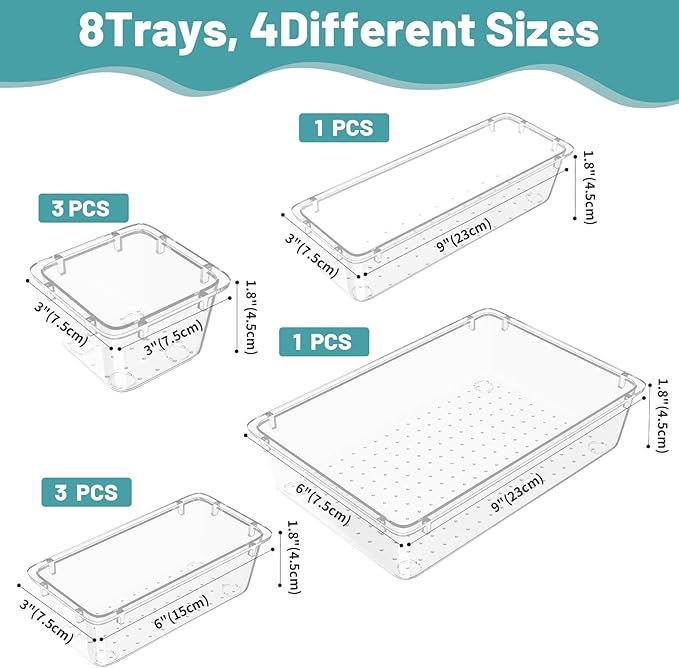 WOWBOX 8 PCS Clear Plastic Drawer Organizer Set, 4 Sizes Desk Drawer Organization and Storage Containers for Makeup, Cosmetics, Jewelry and Gadgets in Kitchen, Bathroom, Bedroom, Office, Clear - Image 3