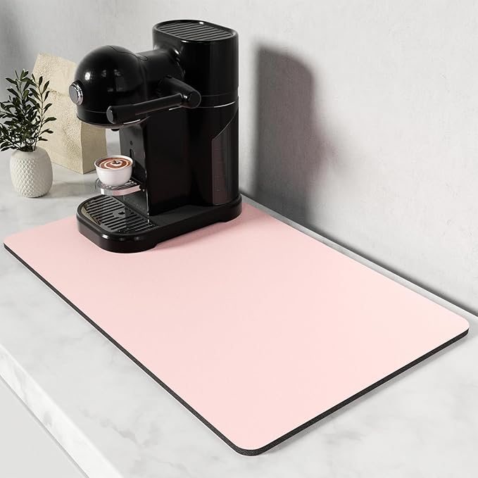 Rnivvi Coffee Mat, 12" x 19" Coffee Bar Mats for Espresso Machine Station Accessories and Organizer, Hide Stain Rubber Backed Absorbent Dish Drying Pad for Kitchen Counter, Cute Bar Decor Pad, Pink by Rnivvi