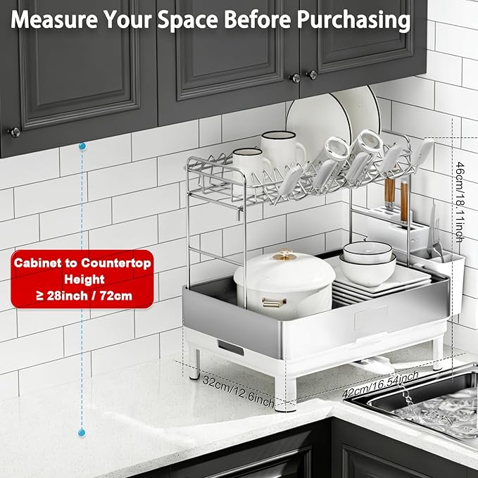 Ewaiira Dish Drying Rack, 2 Tier Large Dish Rack, Stainless Steel Dish Drainer for Kitchen Counter, Dishes Rack with Automatic Drainage, Utensil Holder&Cups Holder,Space Saving Kitchen Organizer,White - Image 5
