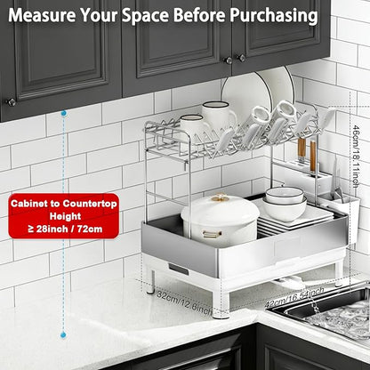 Ewaiira Dish Drying Rack, 2 Tier Large Dish Rack, Stainless Steel Dish Drainer for Kitchen Counter, Dishes Rack with Automatic Drainage, Utensil Holder&Cups Holder,Space Saving Kitchen Organizer,White - Image 5