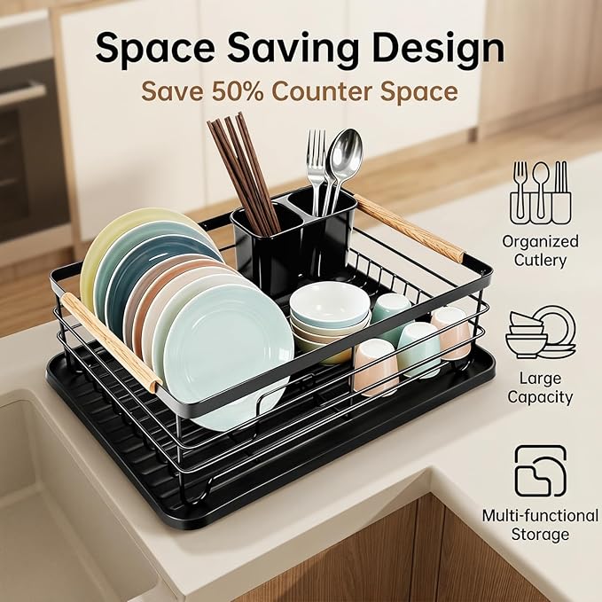 Dish Racks for Kitchen Counter, Thickened Metal Dish Drying Rack with Wooden Handles, Kitchen Countertop Organizer for Dishes, Spoons and Forks, No Assembly, Black, 16.7''*12.6''*5.12'' - Image 3