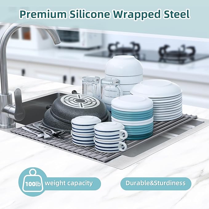 Ohuhu Sink Drying Rack, 20.5" W x 16.1" L Over The Sink Roll-Up Dish Drainer - Rolling Foldable Accessories Heat-Resistant Mat Anti-Slip Silicone Coated Multipurpose for Kitchen Counter - Image 6