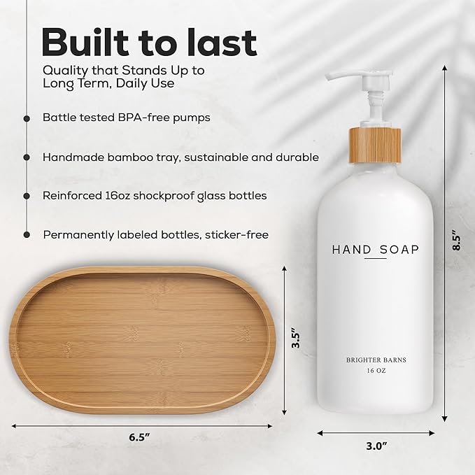 White Glass Hand and Dish Soap Dispenser Set by Brighter Barns - Kitchen Soap Dispenser Set with Tray - Glass Bottles for Kitchen Sink - Housewarming Gift, Countertop Decor, Boho Home Decor (White) - Image 3