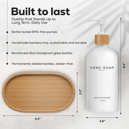 White Glass Soap and Lotion Dispenser Set with Tray by Brighter Barns - Hand Soap Dispenser Bathroom Set - Bamboo Bathroom Soap Dispenser Set - Minimalist Bathroom Accessories, Modern Home Decor - Image 3