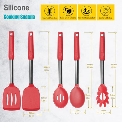 Silicone Spatula and Cooking Spoon,5 Pack Non-Stick Cooking Utensils for Kitchen，Heat Resistant Solid & Slotted Spoons and Spatulas, Stainless Steel Handle Coated with Silicone,Red - Image 2
