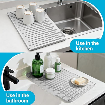 Foldable Silicone Dish Drying Mat for Kitchen Counter & Sink - Quick Dry, Space Saving, Non-Slip Pad for Small Apartments & Coffee Bar Light Grey