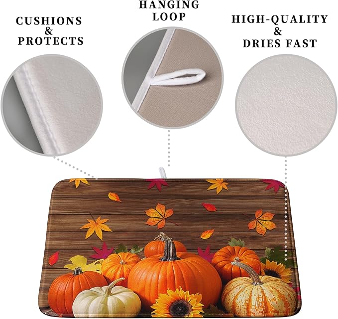 AutumnThanksgiving Pumpkin Dish Drying Mat for Kitchen Counter 18x24 Inch Fall Sunflowers Maple Leaves Harvest Kitchen Drying Mat Microfiber Super Absorbent Dish Rack Drainer Mat with Hanging Loop - Image 3