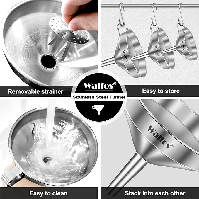 Stainless Steel Funnel, Walfos 3 Pack Kitchen Funnel with 2 Removable Strainer ＆ 1Pcs Cleaning Brush, Perfect for Transferring of Liquid, Oils, Jam, Dry Ingredients & Powder - Image 7