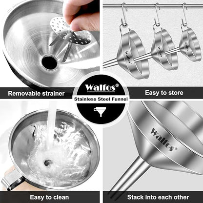 Stainless Steel Funnel, Walfos 3 Pack Kitchen Funnel with 2 Removable Strainer ＆ 1Pcs Cleaning Brush, Perfect for Transferring of Liquid, Oils, Jam, Dry Ingredients & Powder - Image 7