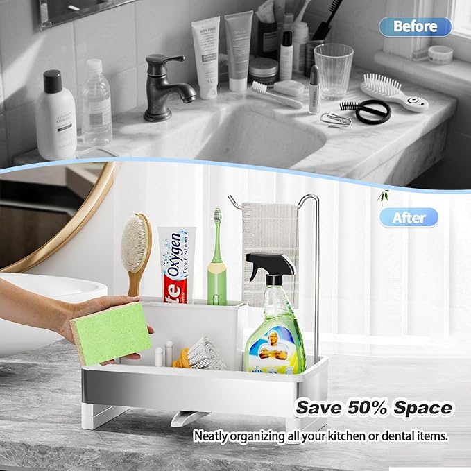 Ewaiira Stainless Steel Sink Caddy, Sponge Holder for Kitchen Sink with Brush Holder & Dishcloth Rack, Rustproof Sink Organizer Countertop, Kitchen Organizers Storage Essentials (E-White 9.8″) - Image 7