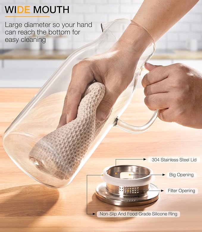 LUNA&MANTHA 2 Pack 2 Liter 68 oz Glass Pitcher with Lid and Handle, Water Pitcher for Fridge, Large Ice Tea Jug for Hot/Cold Drinks, Thick Borosilicate Glass Carafe for Coffee, Juice, Sangria - Image 5