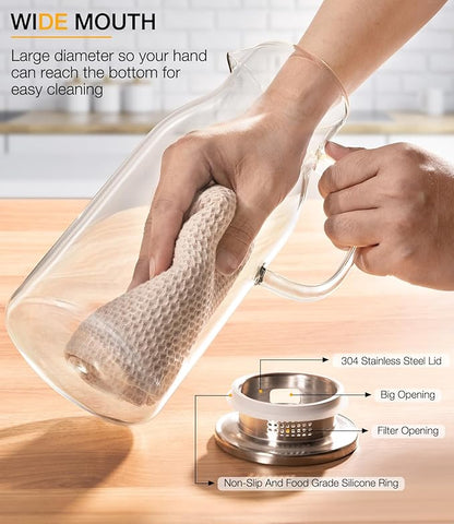 Glass Pitcher with Lid, 2 Liter 68oz Water Pitcher with Handle for Fridge, Large Drink Jug for Iced Tea, Coffee, Juice, Borosilicate Glass Carafe for Hot/Cold Brew Beverage, Heat Resistant - Image 6